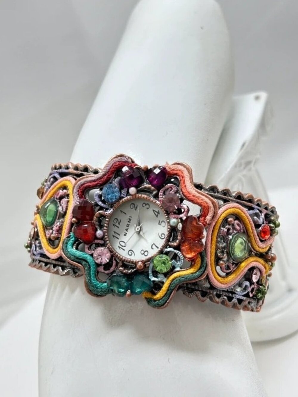 Narmi, Boho Highly Decorated Colorful Hinged Wide Bracelet Watch